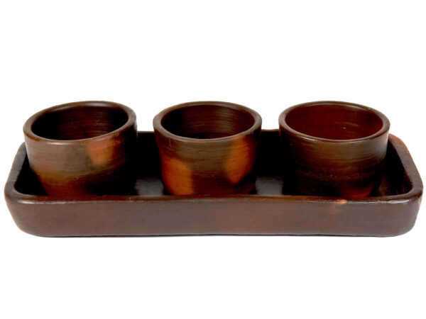 Pomaireware Rectangular Tray with Round Condiment Bowls