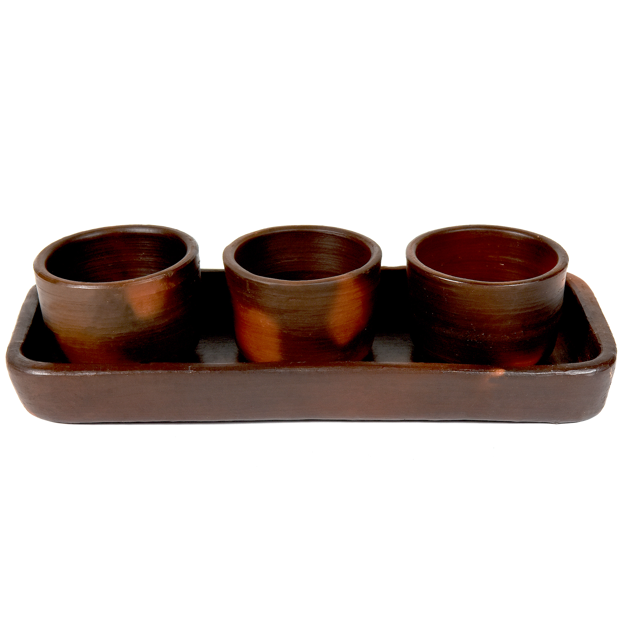 Pomaireware Rectangular Tray with Round Condiment Bowls