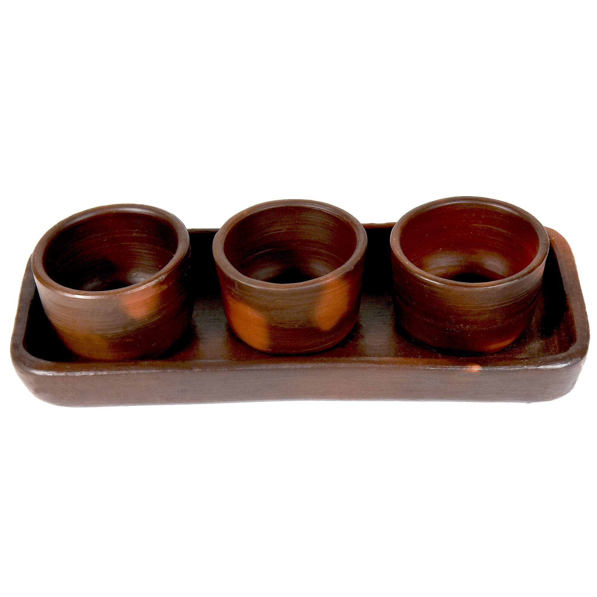 Pomaireware Rectangular Tray with Round Condiment Bowls
