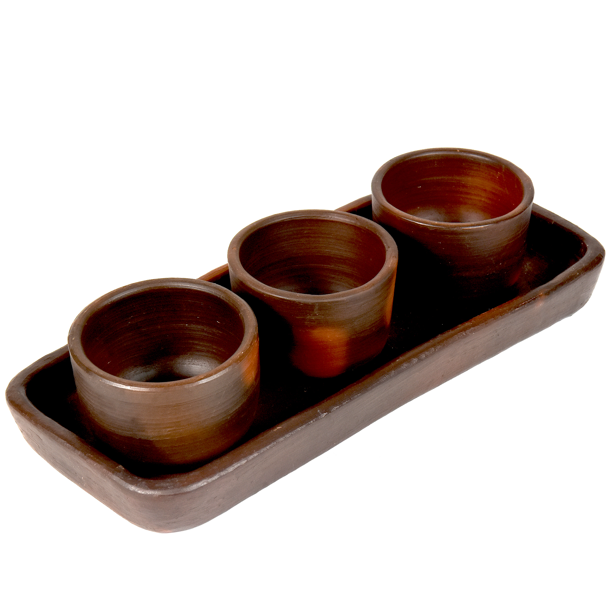 Pomaireware Rectangular Tray with Round Condiment Bowls